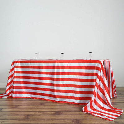 Satin 90"x132" Rectangle Tablecloth Red/White - Stripe Design with Seamless Silky Smooth Finish Table Cover