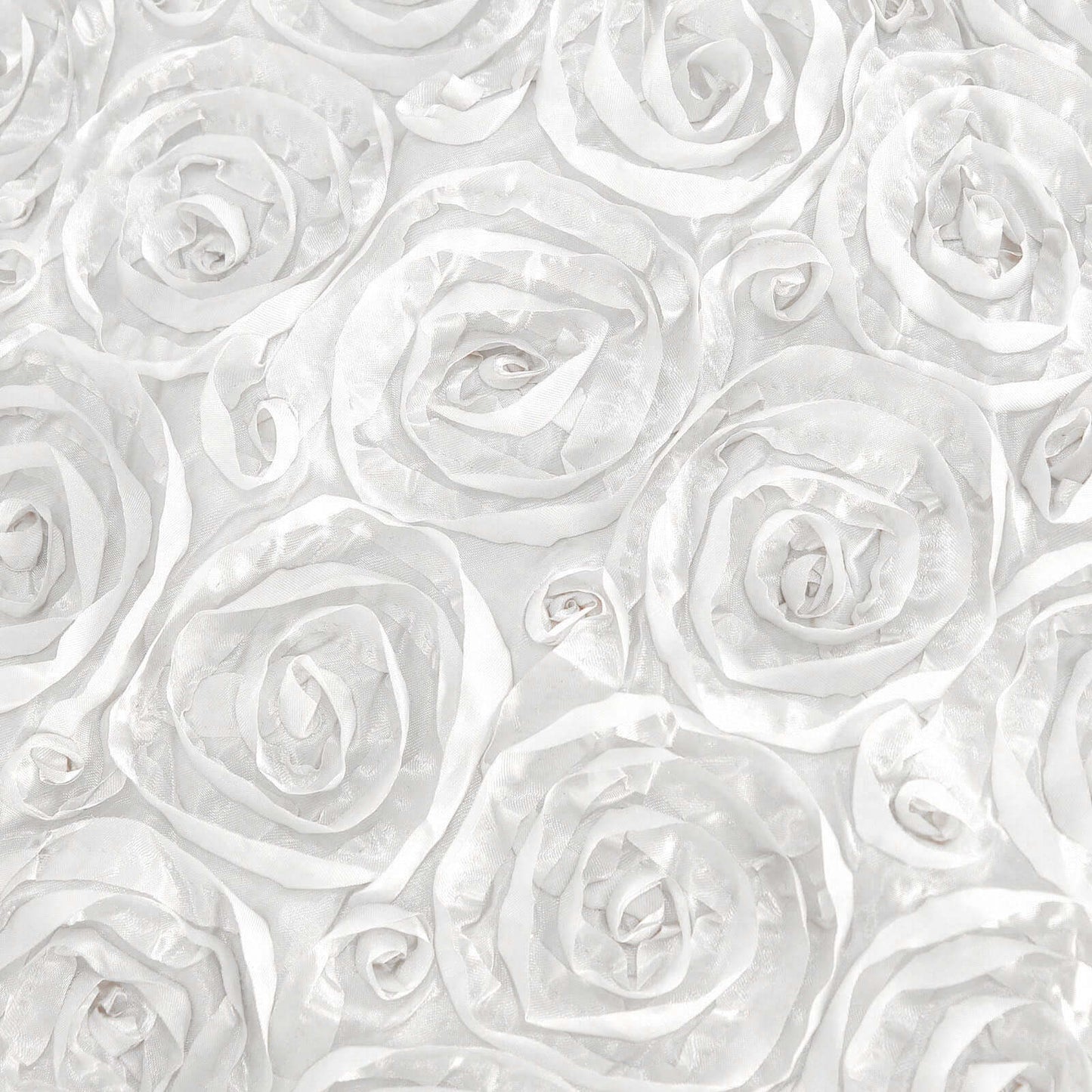 Satin 120" Round Tablecloth White - Grandiose 3D Rosette Design with Seamless Finish for Luxe Events