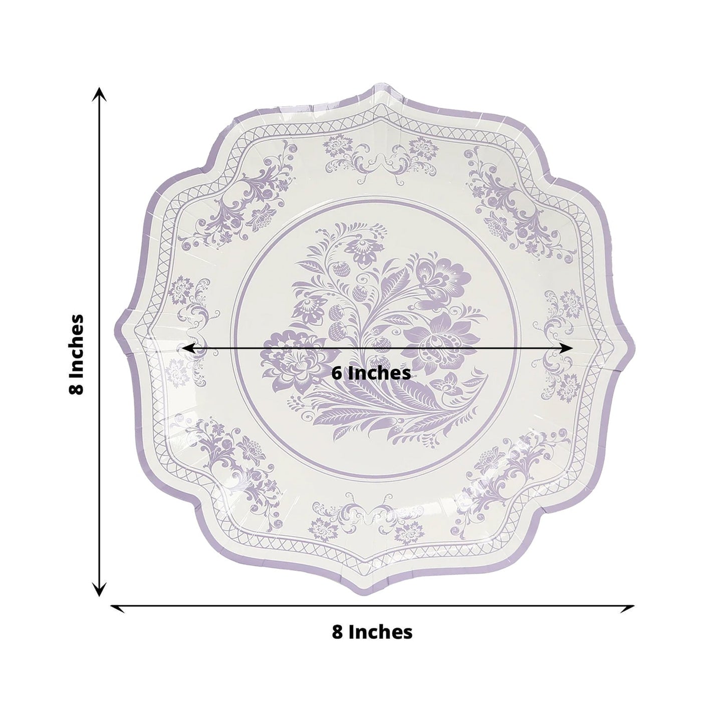 25-Pack Paper Dessert Plates in White with Lavender Lilac Damask Floral Print & Scallop Rim - Stylish Disposable 300GSM Floral Salad Appetizer Plates 8"