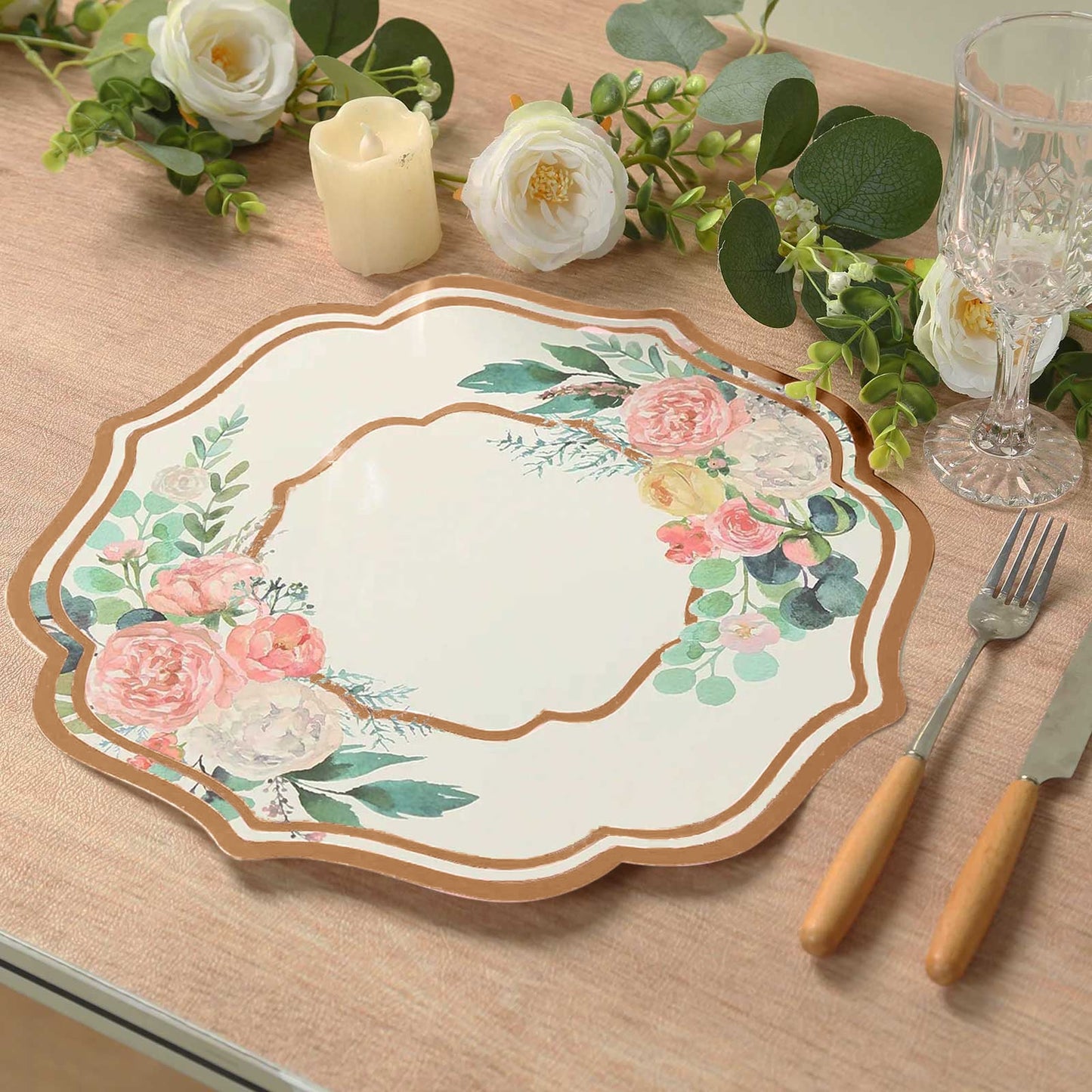 10-Pack Disposable Table Placemats in White with Peony Flowers Print & Rose Gold 13"
