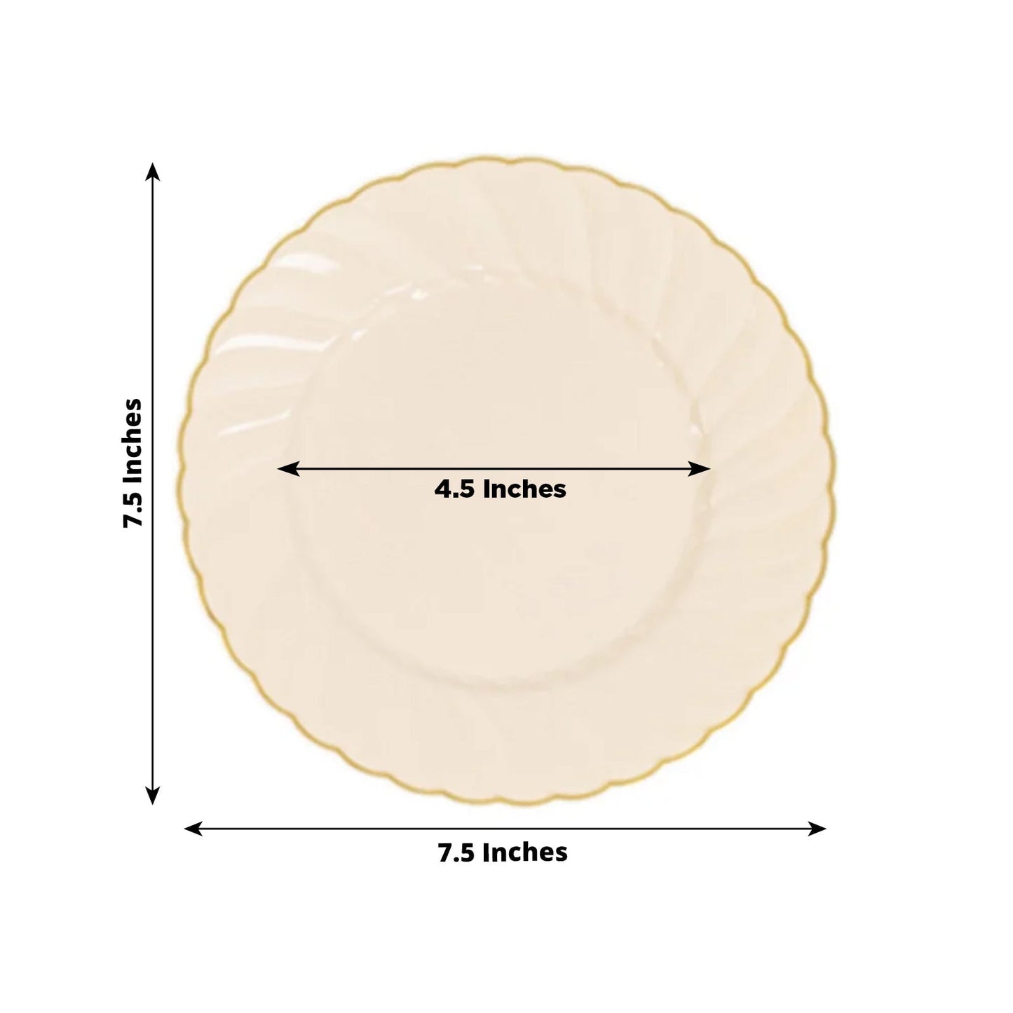 10-Pack Plastic 7.5" Round Salad Dessert Plates in Ivory with Gold Flair Rim - Disposable Party Plates