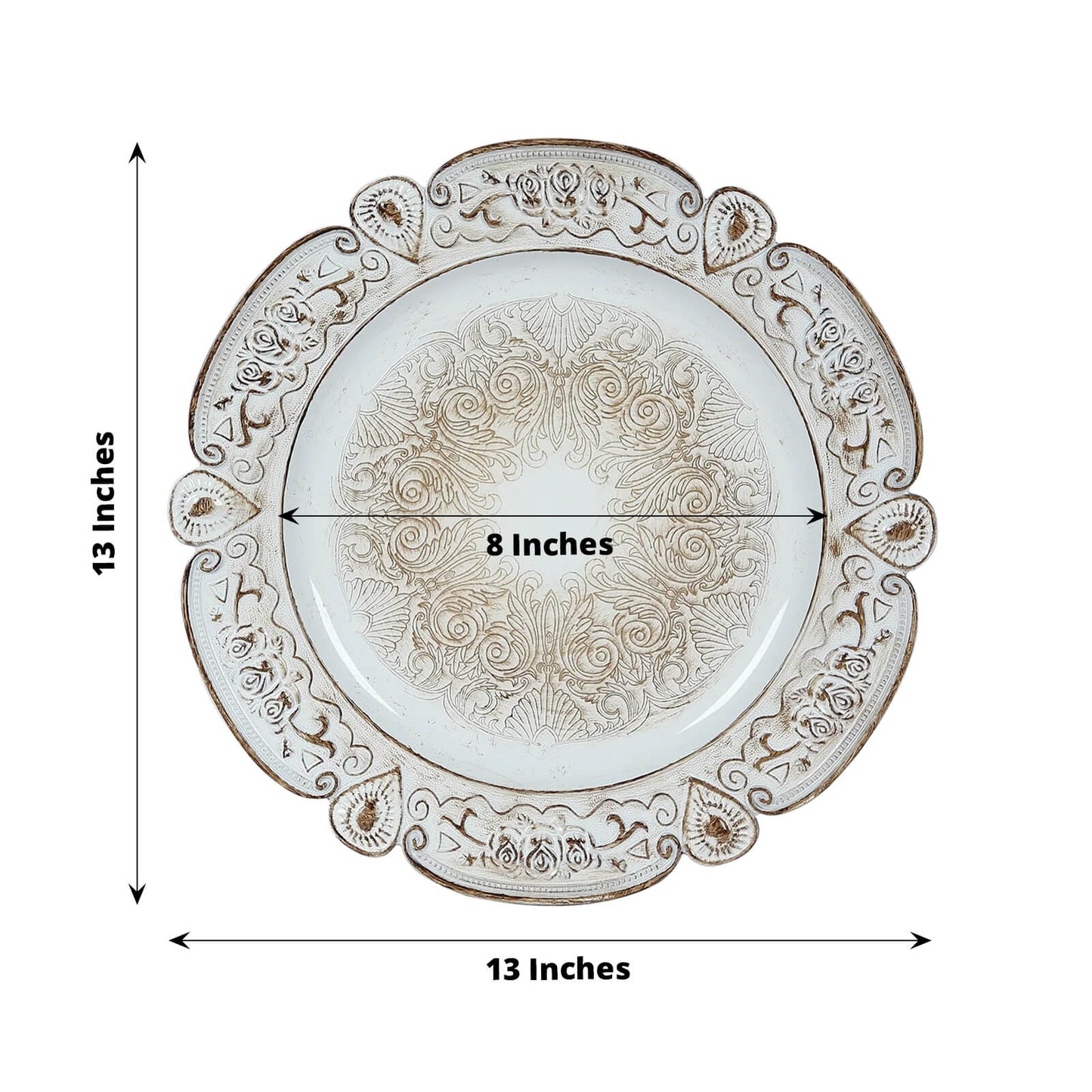 6-Pack Acrylic Round Charger Plates 13" in Antique White Floral Embossed with Scalloped Rim, Plastic Decorative Charger Tableware