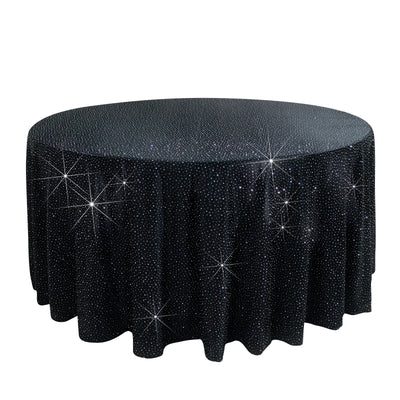 Scuba Round Tablecloth 120â€³ Black with Rhinestone Accents â€“ Seamless, Wrinkle-Free, Stain-Resistant Event Linen