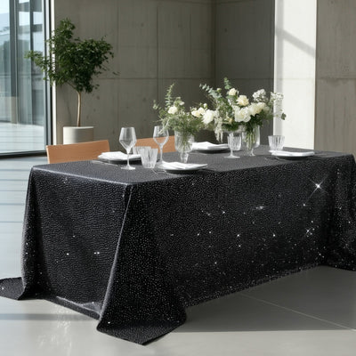 Scuba Rectangular Tablecloth 90’’Ã—132’’ Black with Rhinestone Accents â€“ Seamless Wrinkle-Free Stain-Resistant Event