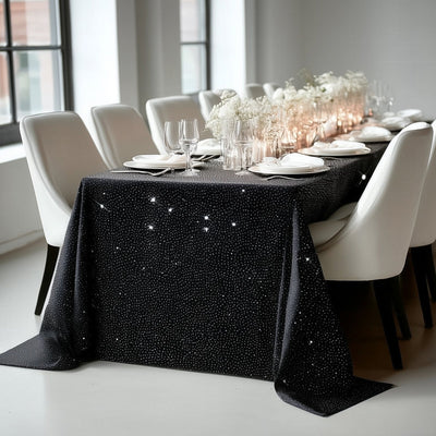 Scuba Rectangular Tablecloth 90’’Ã—156’’ Black with Rhinestone Accents â€“ Seamless Wrinkle-Free Stain-Resistant Event