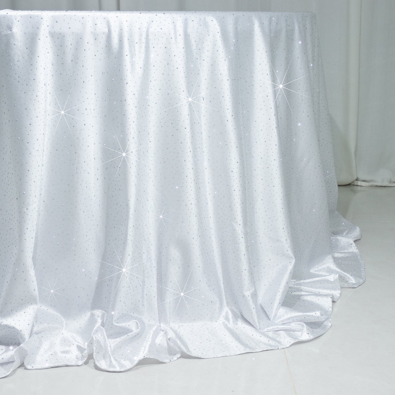 Scuba Round Tablecloth 132â€³ White with Rhinestone Accents â€“ Seamless Wrinkle-Free Stain-Resistant Event Linen