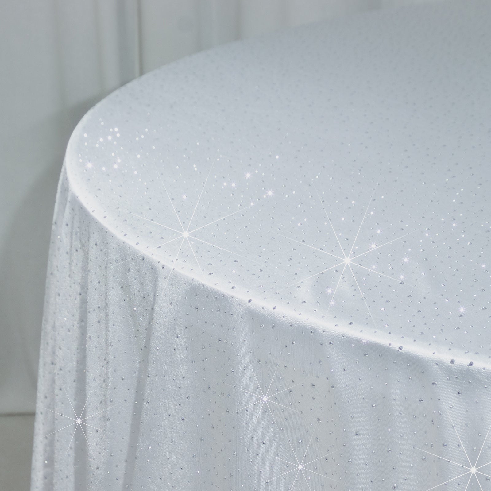 Scuba Round Tablecloth 132â€³ White with Rhinestone Accents â€“ Seamless Wrinkle-Free Stain-Resistant Event Linen