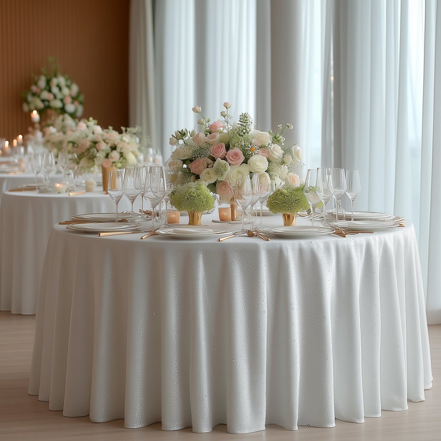 Scuba Round Tablecloth 132â€³ White with Rhinestone Accents â€“ Seamless Wrinkle-Free Stain-Resistant Event Linen