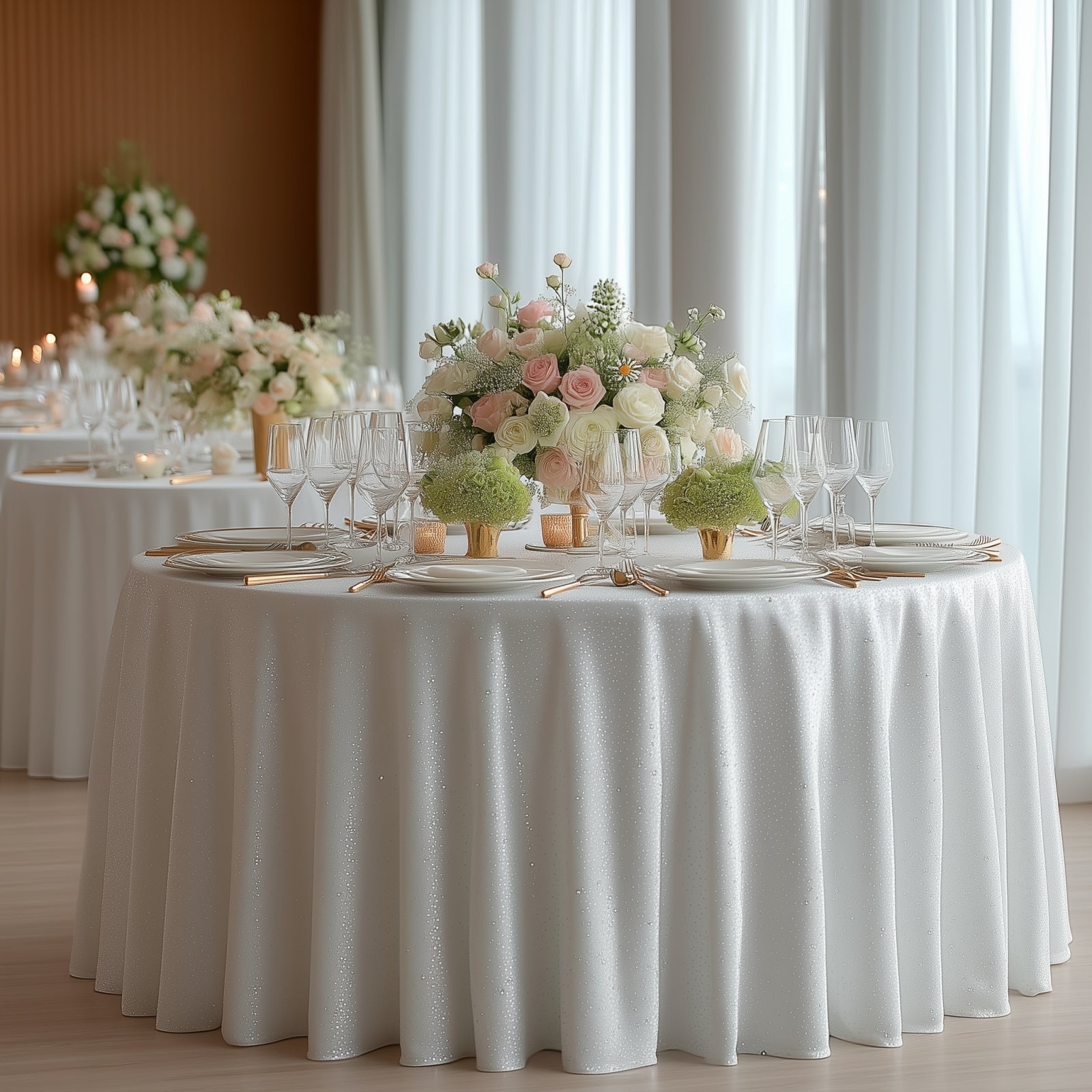 Scuba Round Tablecloth 132â€³ White with Rhinestone Accents â€“ Seamless Wrinkle-Free Stain-Resistant Event Linen