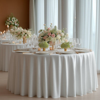 Scuba Round Tablecloth 132â€³ White with Rhinestone Accents â€“ Seamless Wrinkle-Free Stain-Resistant Event Linen