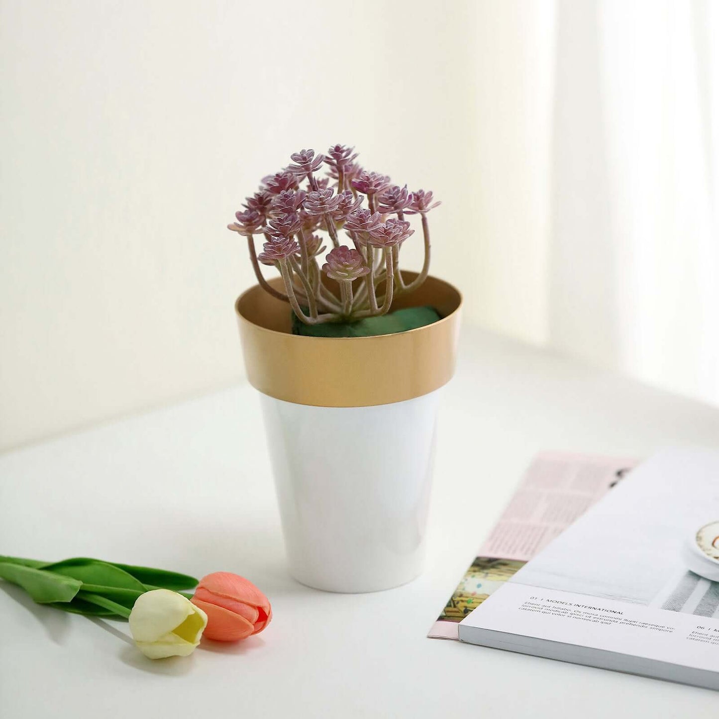 2-Pack Flower Plant Pots Medium Design White with Gold Rim - Plastic Indoor Decorative Planters 6"