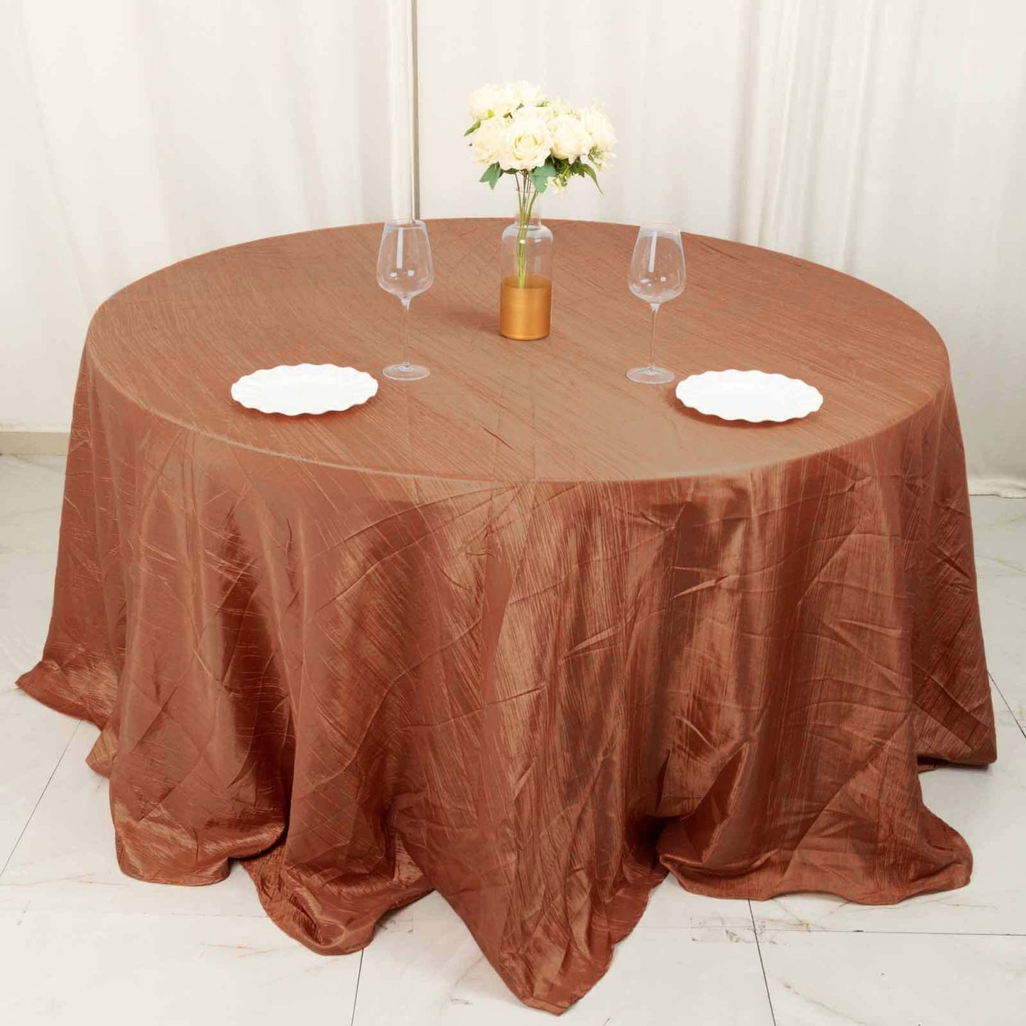 Taffeta 132" Round Tablecloth Terracotta (Rust) - Seamless Accordion Crinkle Table Cover