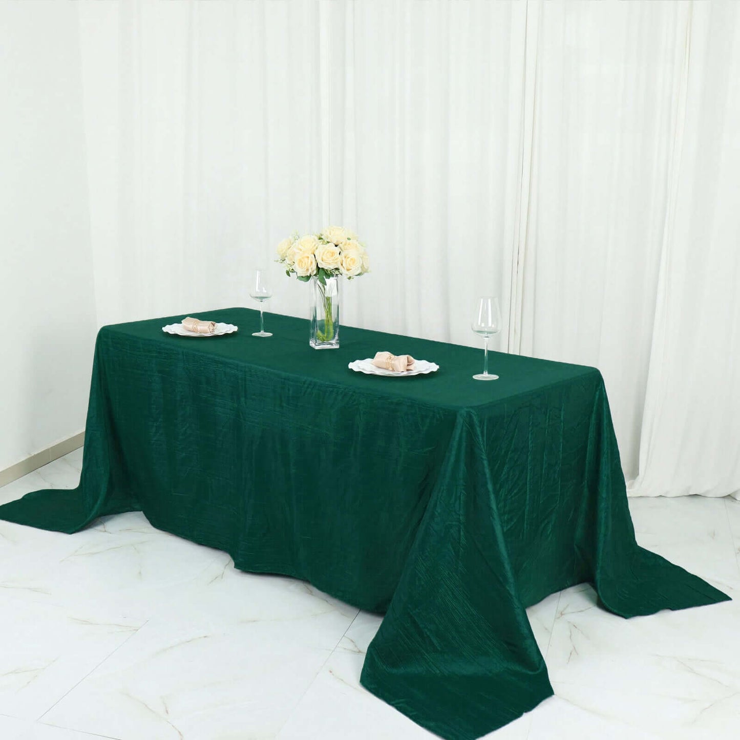 Taffeta 90"x132" Rectangle Tablecloth Hunter Emerald Green - Seamless Accordion Crinkle Table Cover