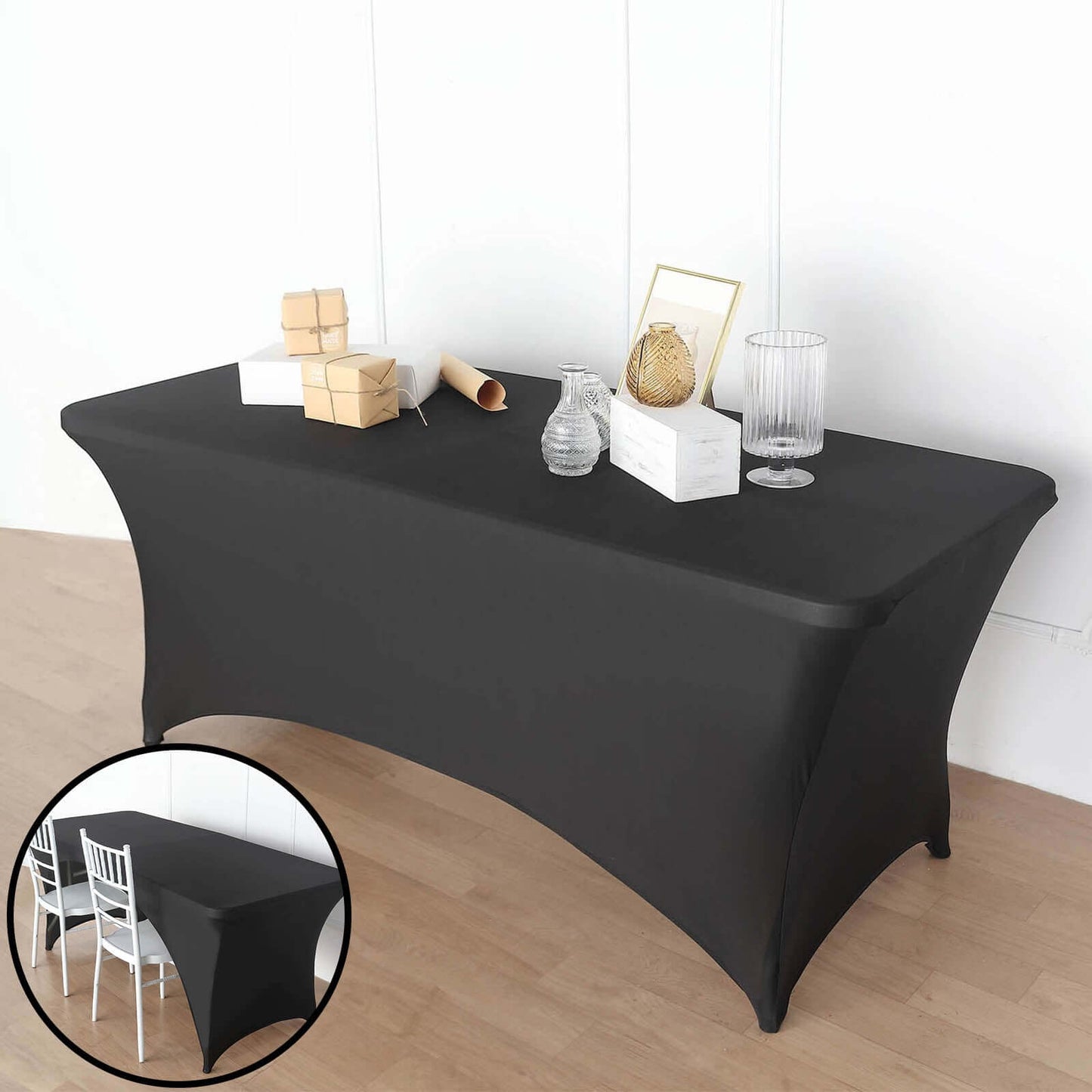 Stretch Spandex 72"x30" Rectangular Table Cover Black with Curved Open Back Design Tailored Professional Look