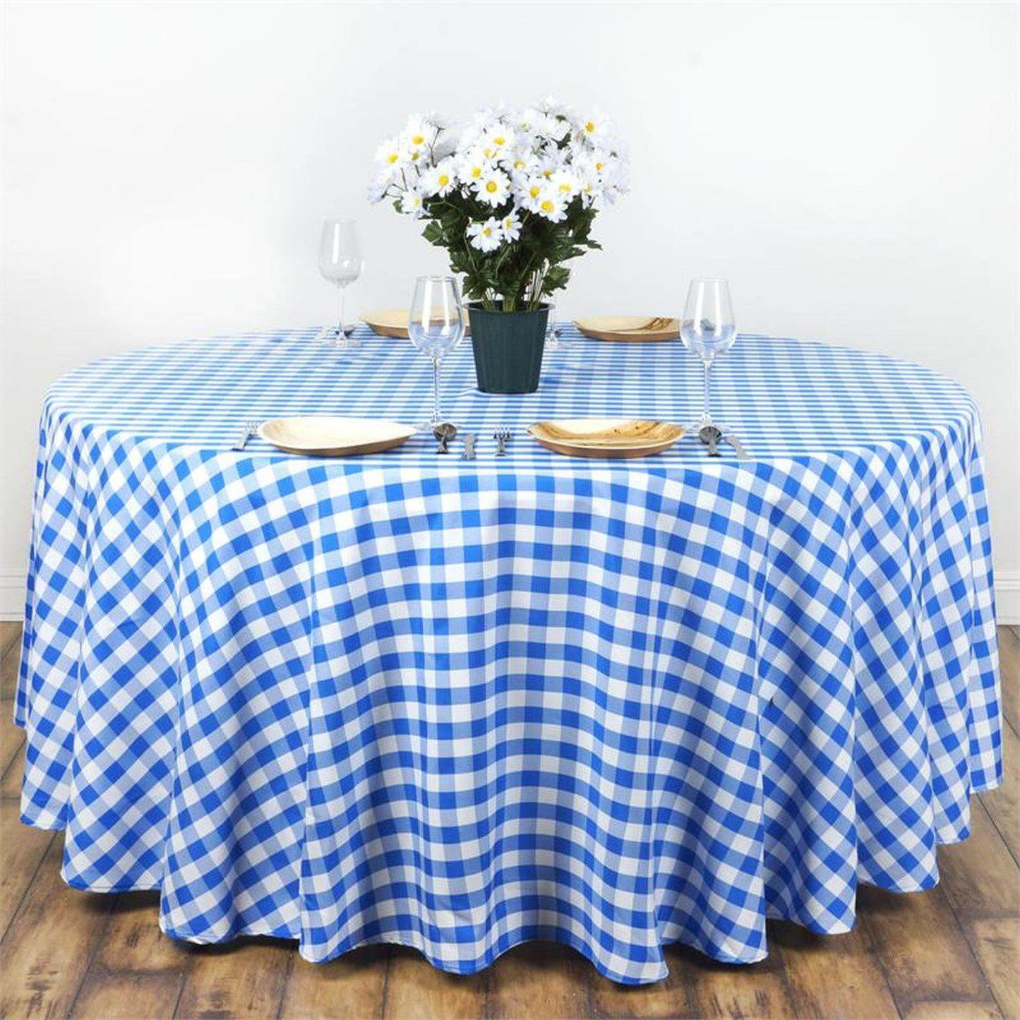 Polyester 120" Round Tablecloth White/Blue Seamless - Checkered Buffalo Plaid Table Cover