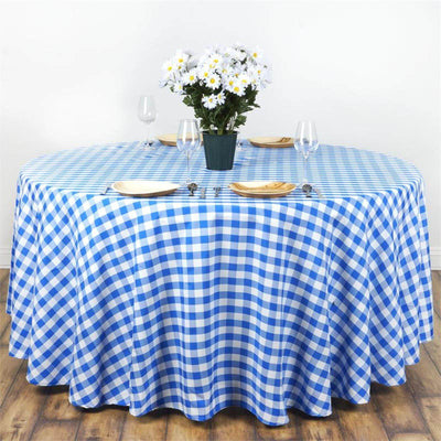 Polyester 120" Round Tablecloth White/Blue Seamless - Checkered Buffalo Plaid Table Cover
