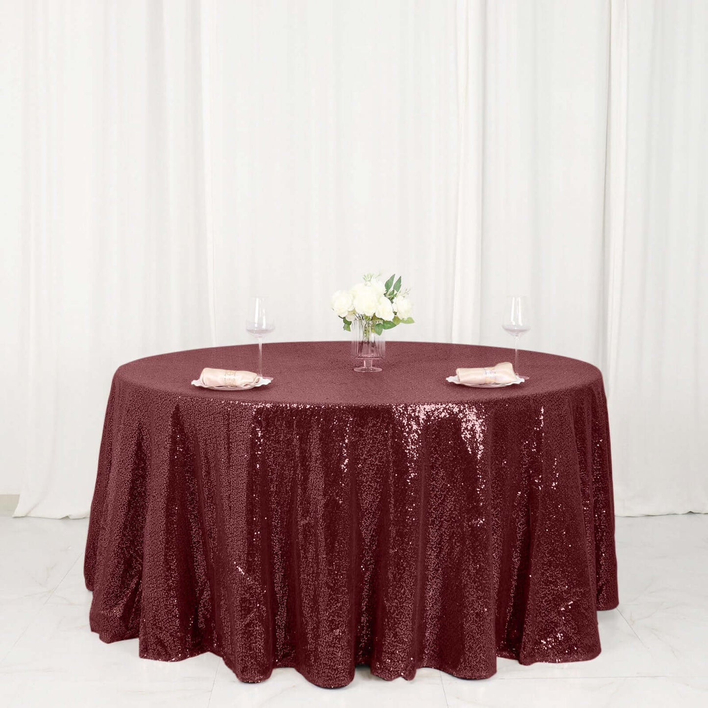 Sequin 120" Round Tablecloth Burgundy - Seamless Glittering Table Cover