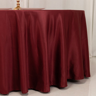 Lamour Satin 120" Round Tablecloth Burgundy - Seamless Table Cover with Soft Tempered Sheen
