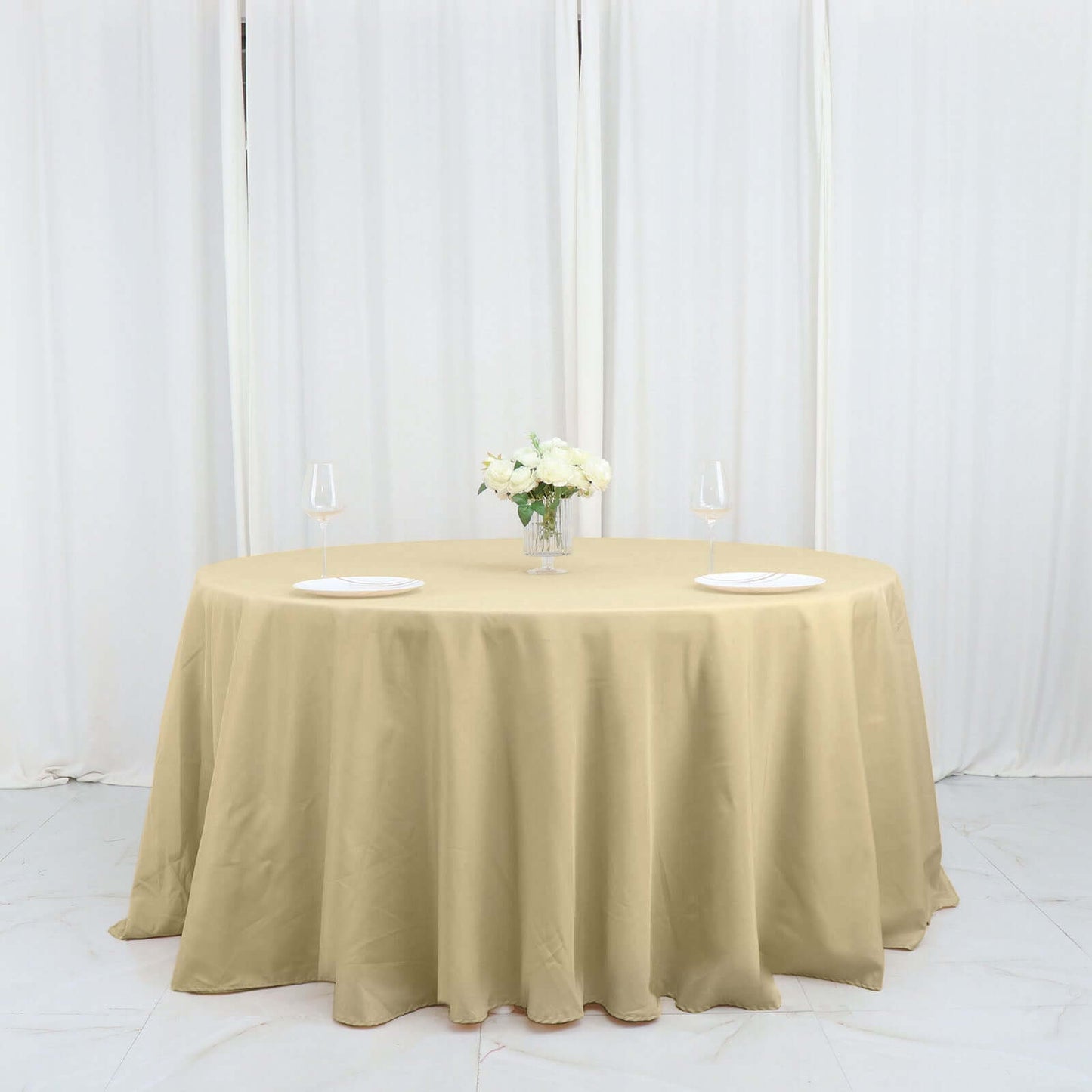 Polyester 132" Round Tablecloth Champagne - Seamless Chic Table Cover
