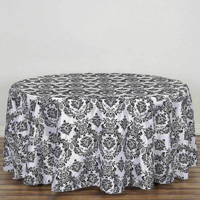 Taffeta 120" Round Tablecloth Black - Seamless Velvet Flocking Damask Design for Sophisticated Gatherings