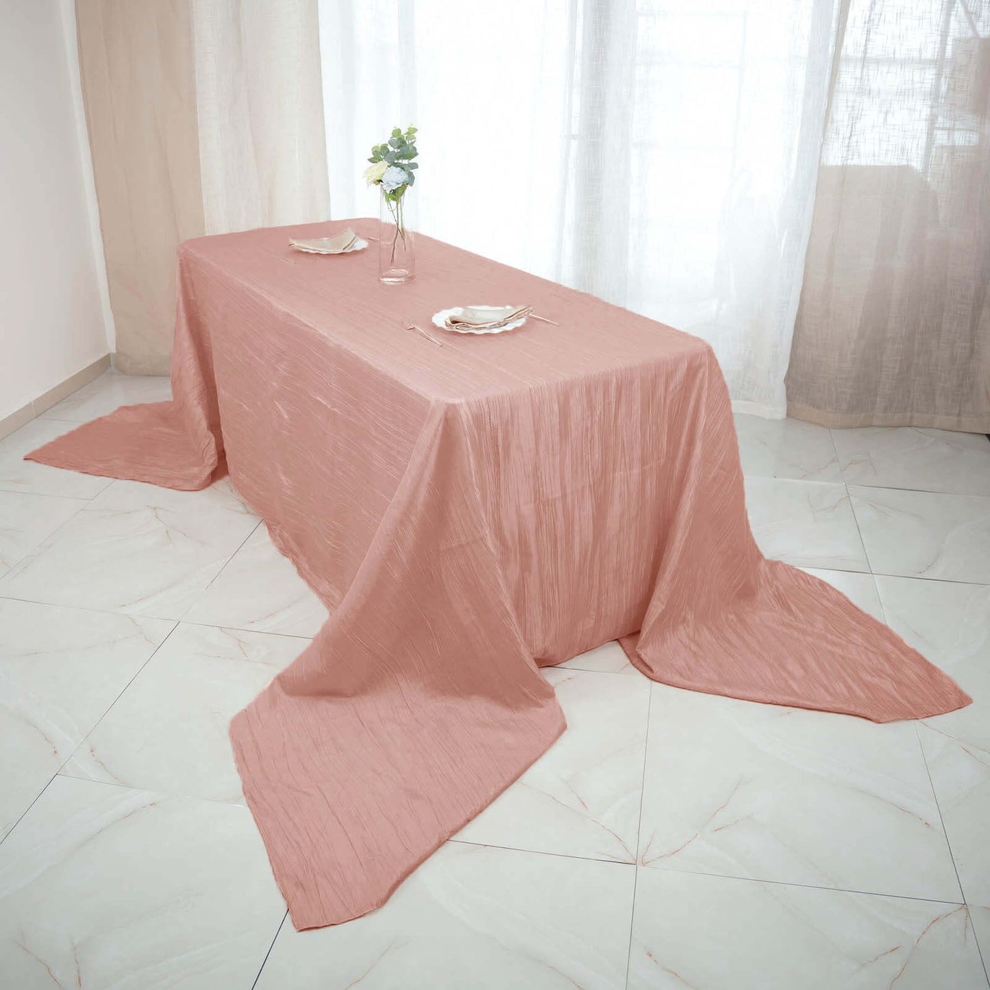Taffeta 90"x156" Rectangle Tablecloth Dusty Rose - Accordion Crinkle Seamless Table Cover