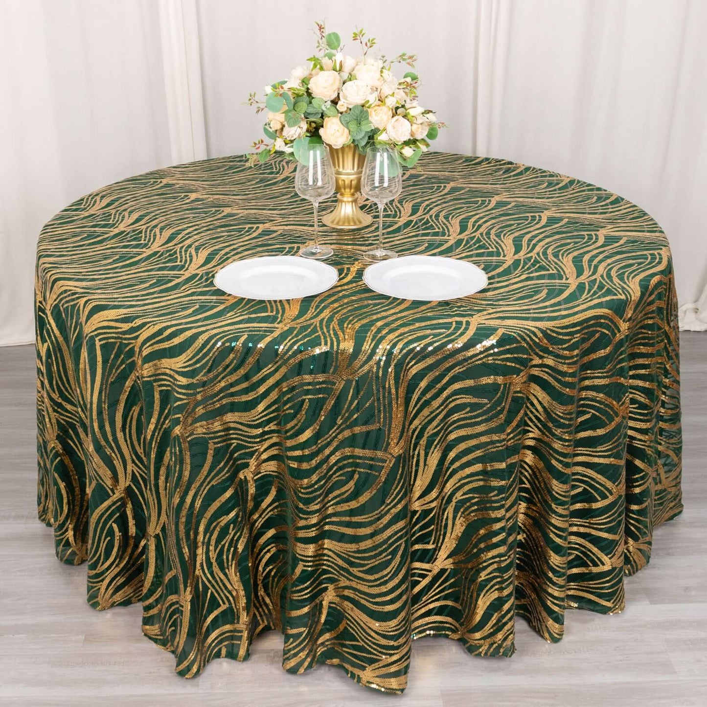 Sequin Mesh 120" Round Tablecloth Hunter Emerald Green/Gold - Seamless Wave Embroidered Table Cover