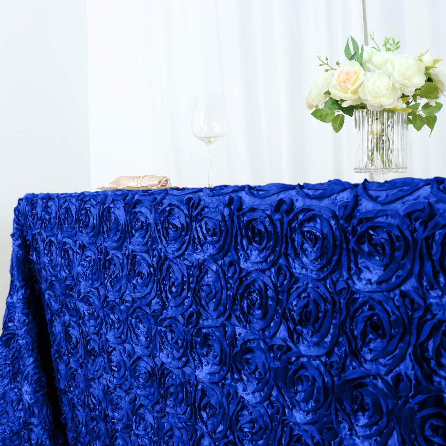 Satin 90"x156" Rectangle Tablecloth Royal Blue - Grandiose 3D Rosette Table Cover with Seamless Finish