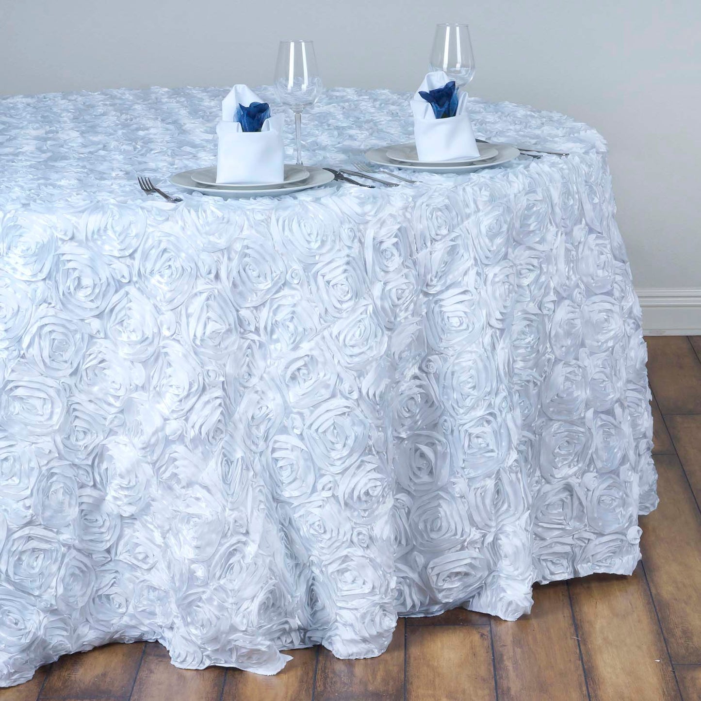 Satin 132" Round Tablecloth White - Grandiose 3D Rosette Design with Seamless Finish for Chic Occasions