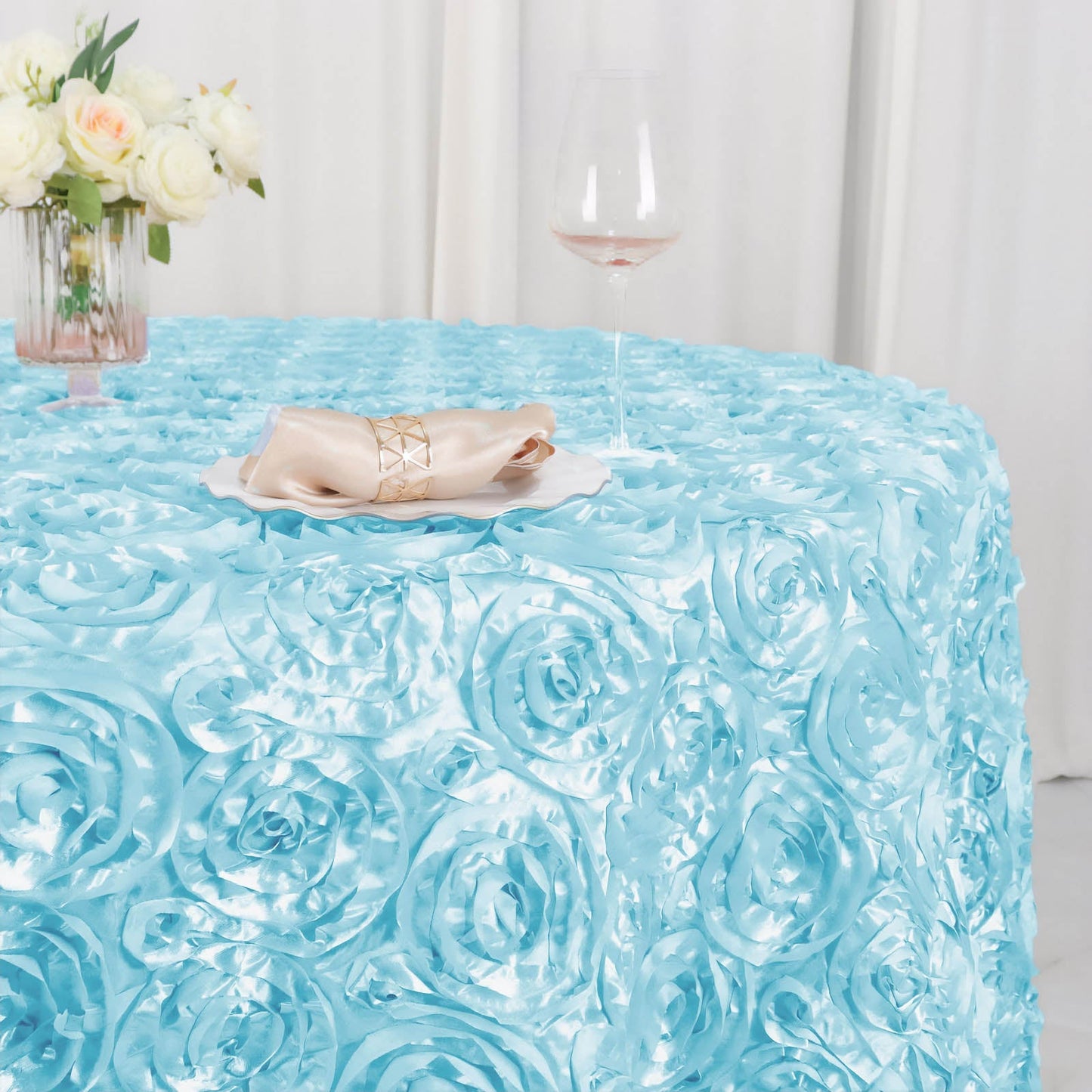 Satin 120" Round Tablecloth Light Blue - Grandiose 3D Rosette with Seamless Finish Table Cover