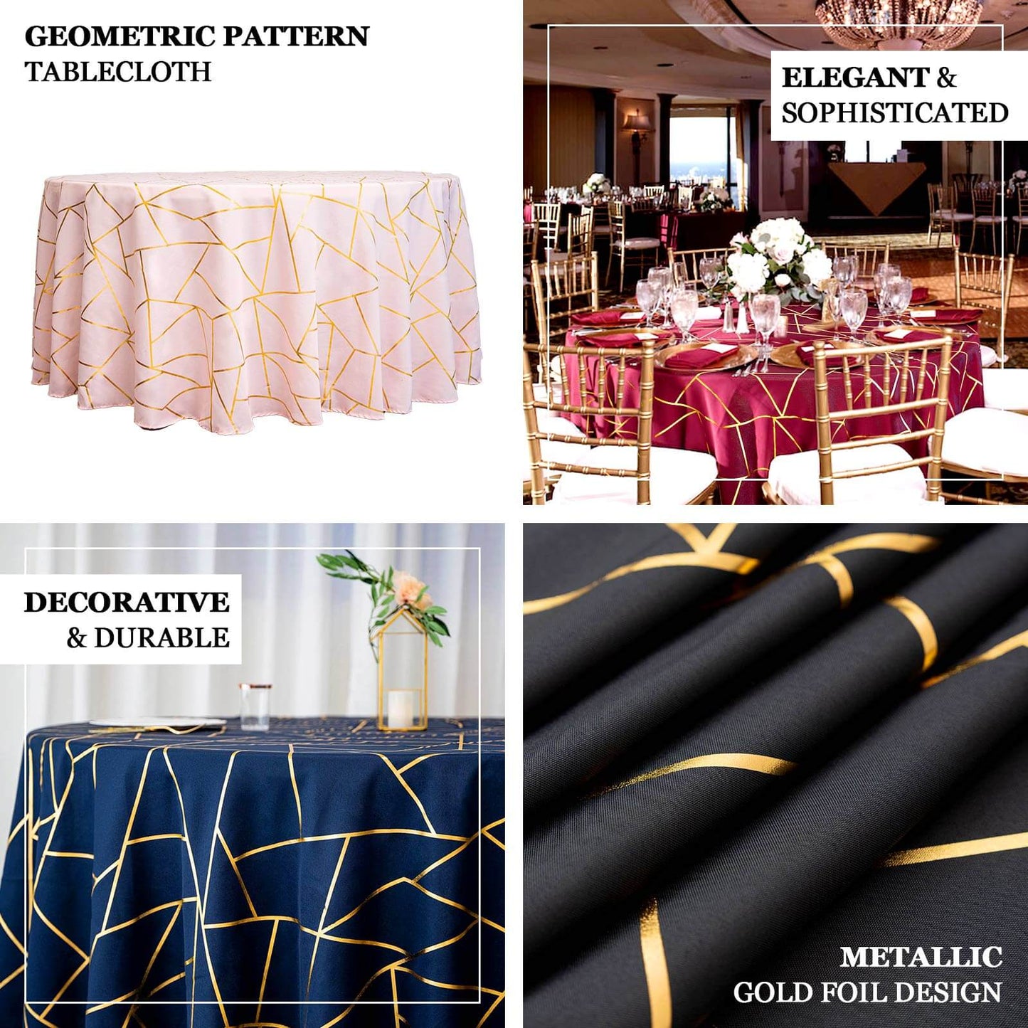 Polyester 120" Round Tablecloth Navy Blue with Gold Foil Geometric Pattern Wrinkle-Resistant Seamless Table Cover