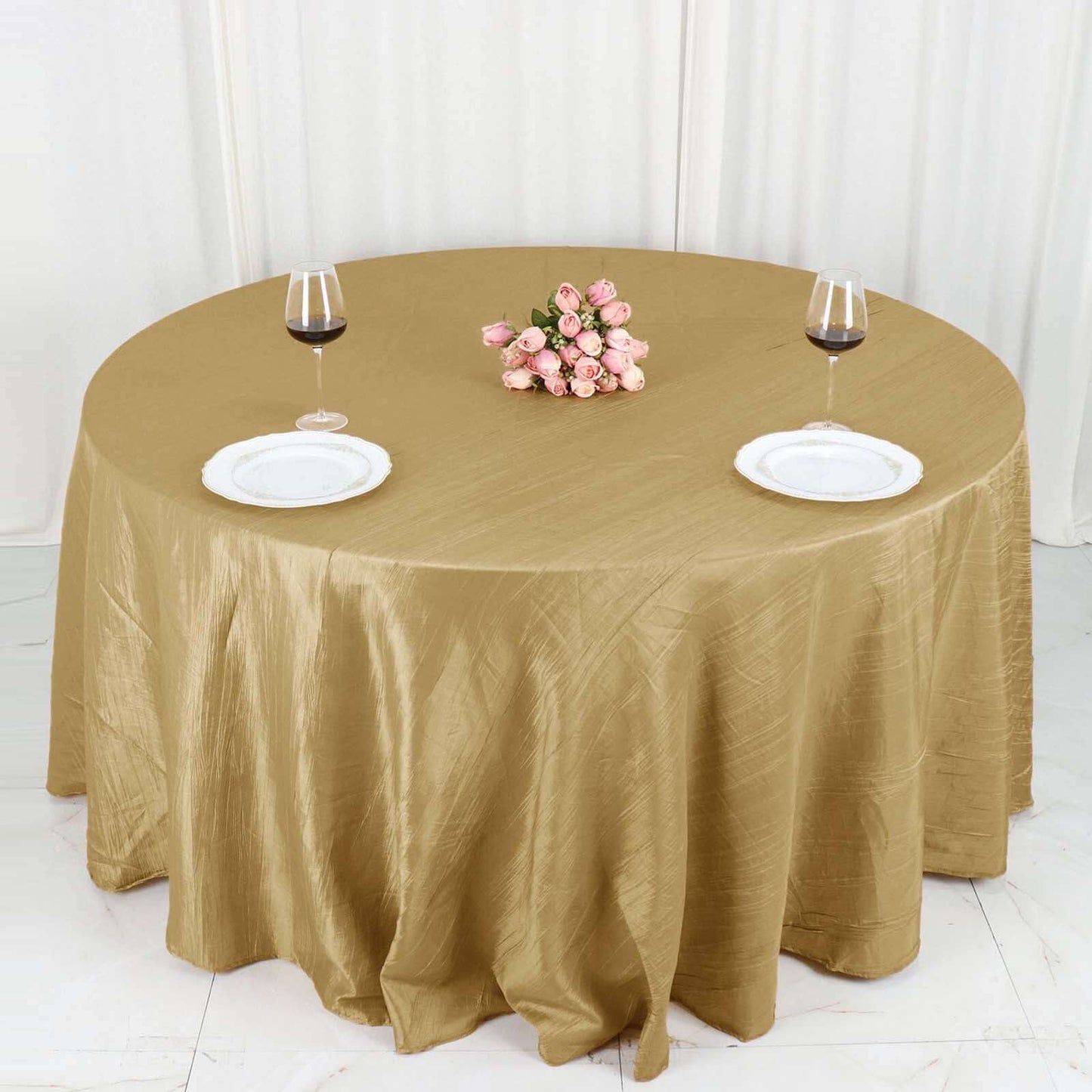 Taffeta 132" Round Tablecloth Gold - Seamless Accordion Crinkle Design for Exquisite Occasions