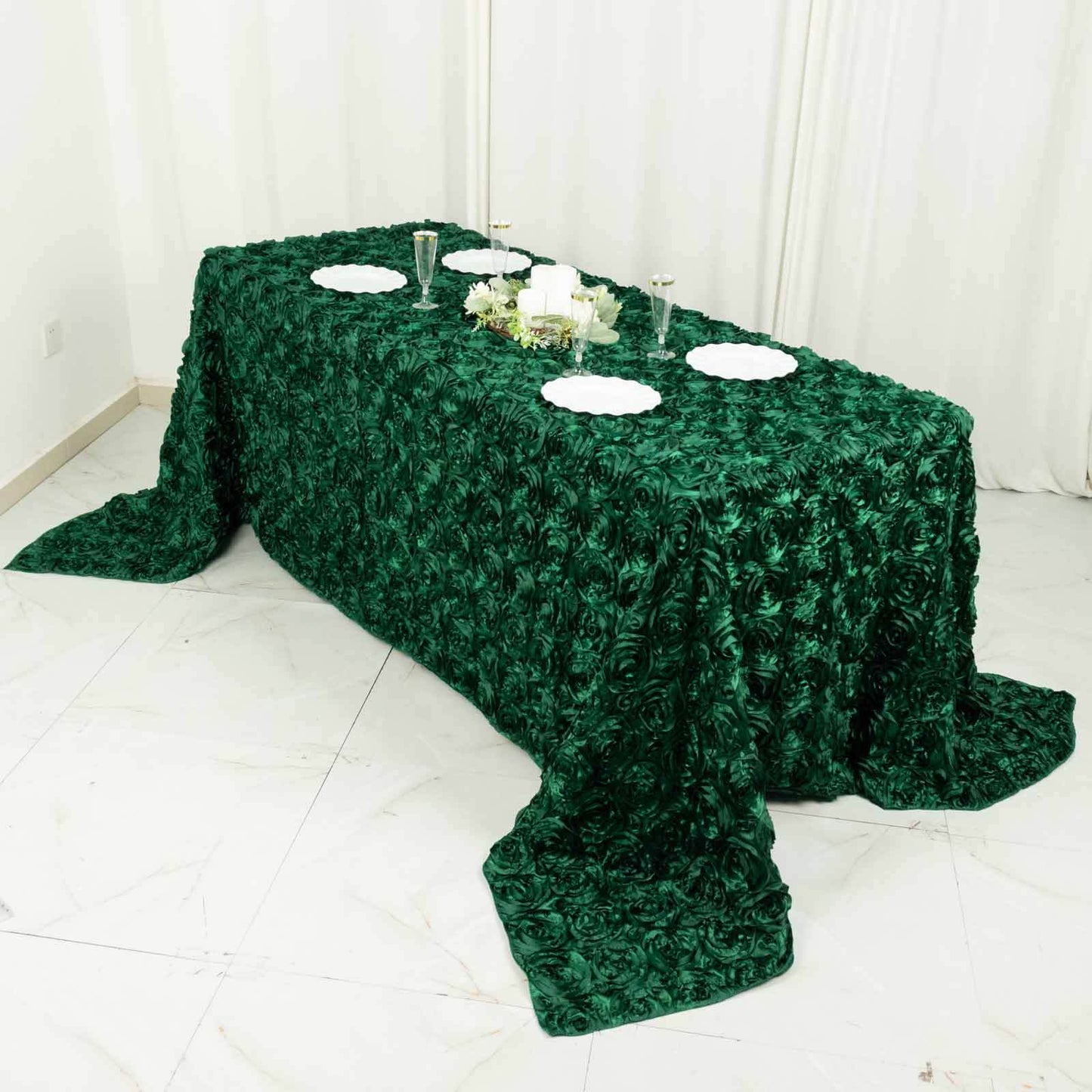 Satin 90"x132" Rectangle Tablecloth Hunter Emerald Green - Grandiose 3D Rosette Seamless Table Cover