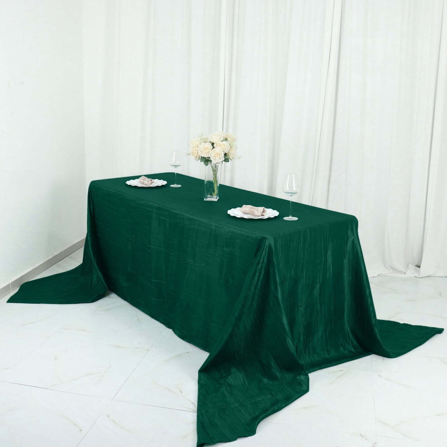 Taffeta 90"x156" Rectangle Tablecloth Hunter Emerald Green - Accordion Crinkle Seamless Table Cover