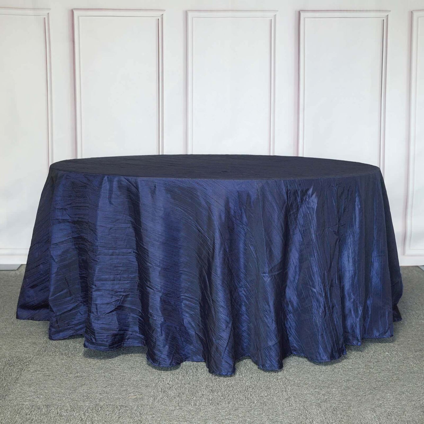 Taffeta 120" Round Tablecloth Navy Blue - Seamless Accordion Crinkle Table Cover