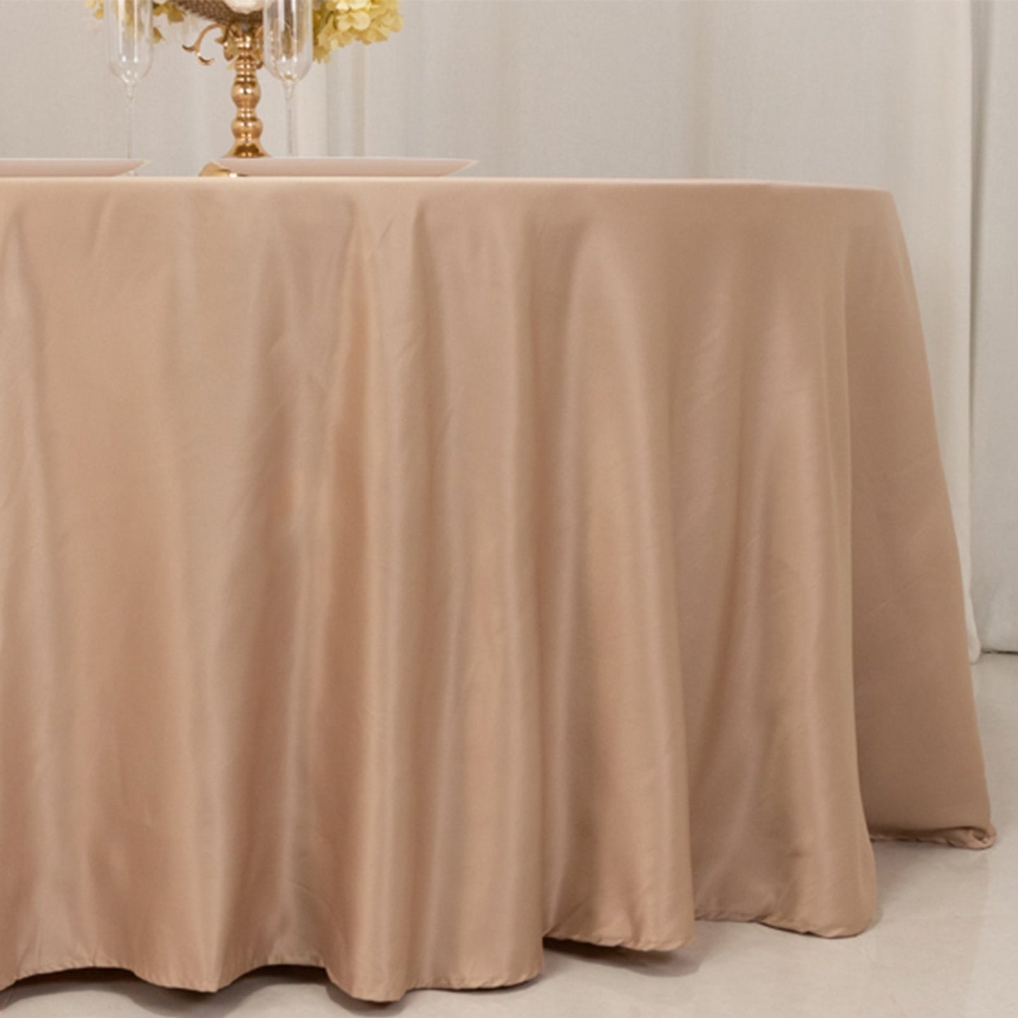 Lamour Satin 120" Round Tablecloth Nude - Seamless Table Cover with Soft Tempered Sheen