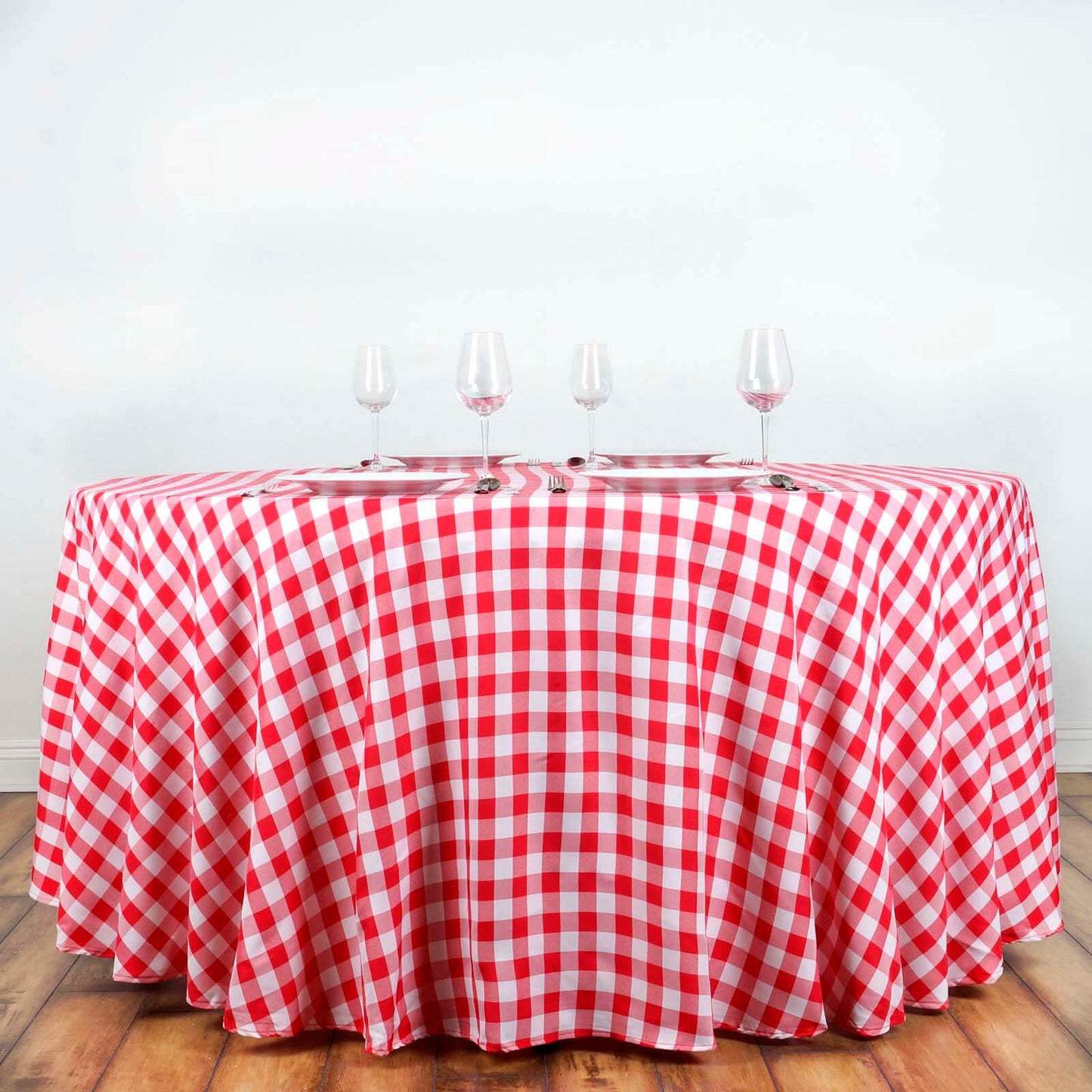 Polyester 120" Round Tablecloth White/Red Seamless - Checkered Buffalo Plaid Table Cover
