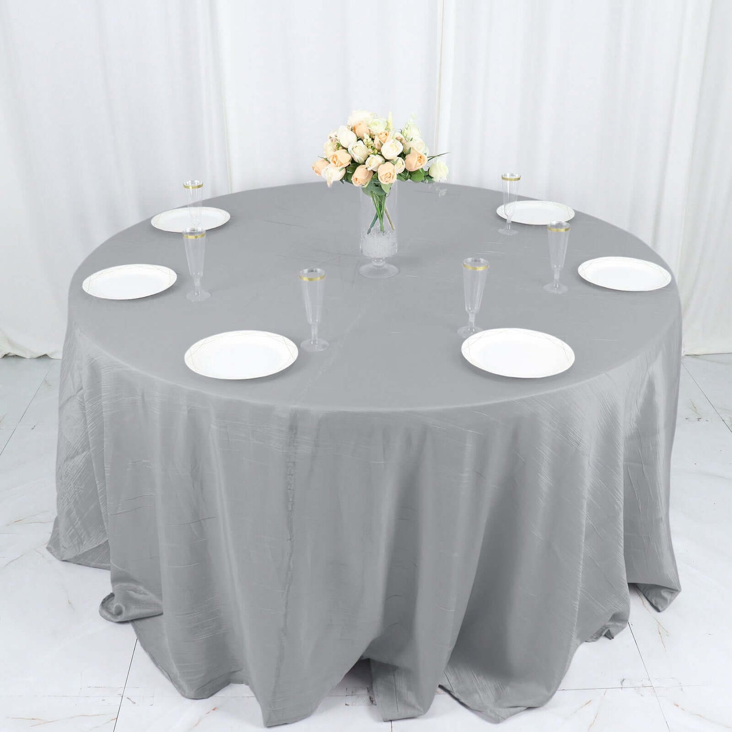 Taffeta 132" Round Tablecloth Silver - Seamless Accordion Crinkle Table Cover