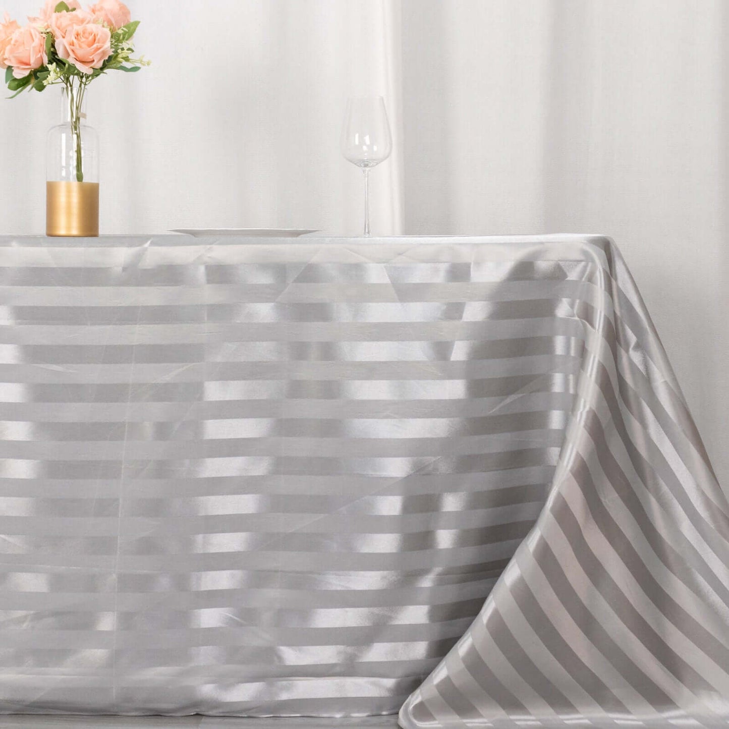 Satin Striped 90"x132" Rectangular Tablecloth Silver - Seamless Silky Smooth Table Cover