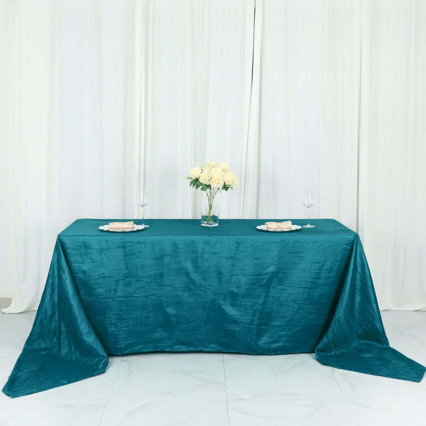 Taffeta 90"x156" Rectangle Tablecloth Teal - Accordion Crinkle Seamless Table Cover