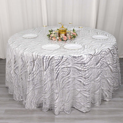 Sequin Mesh 120" Round Tablecloth Silver - Seamless Wave Embroidered Table Cover
