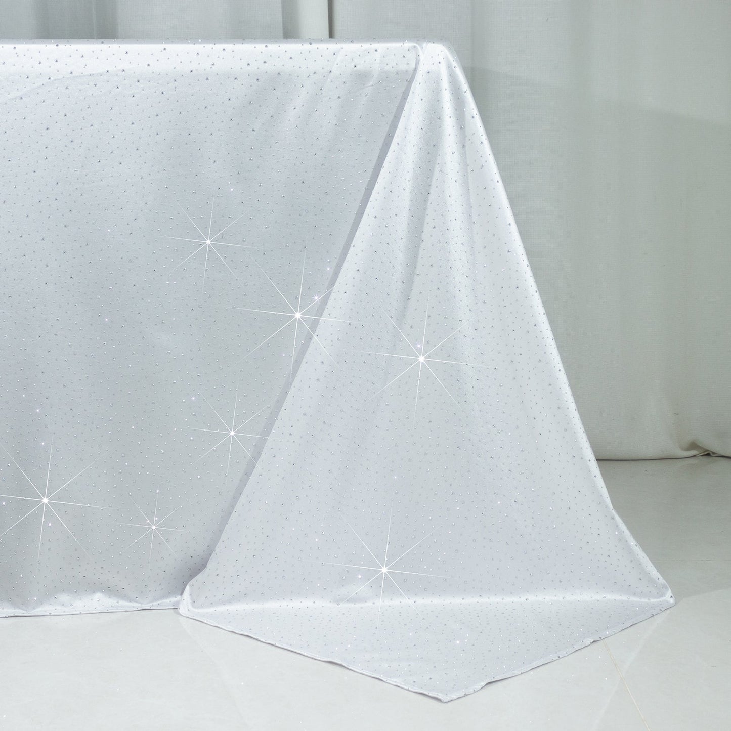 Scuba Rectangular Tablecloth 90"Ã—156" White with Rhinestone Accents â€“ Seamless, Wrinkle-Free, Stain-Resistant Event Linen