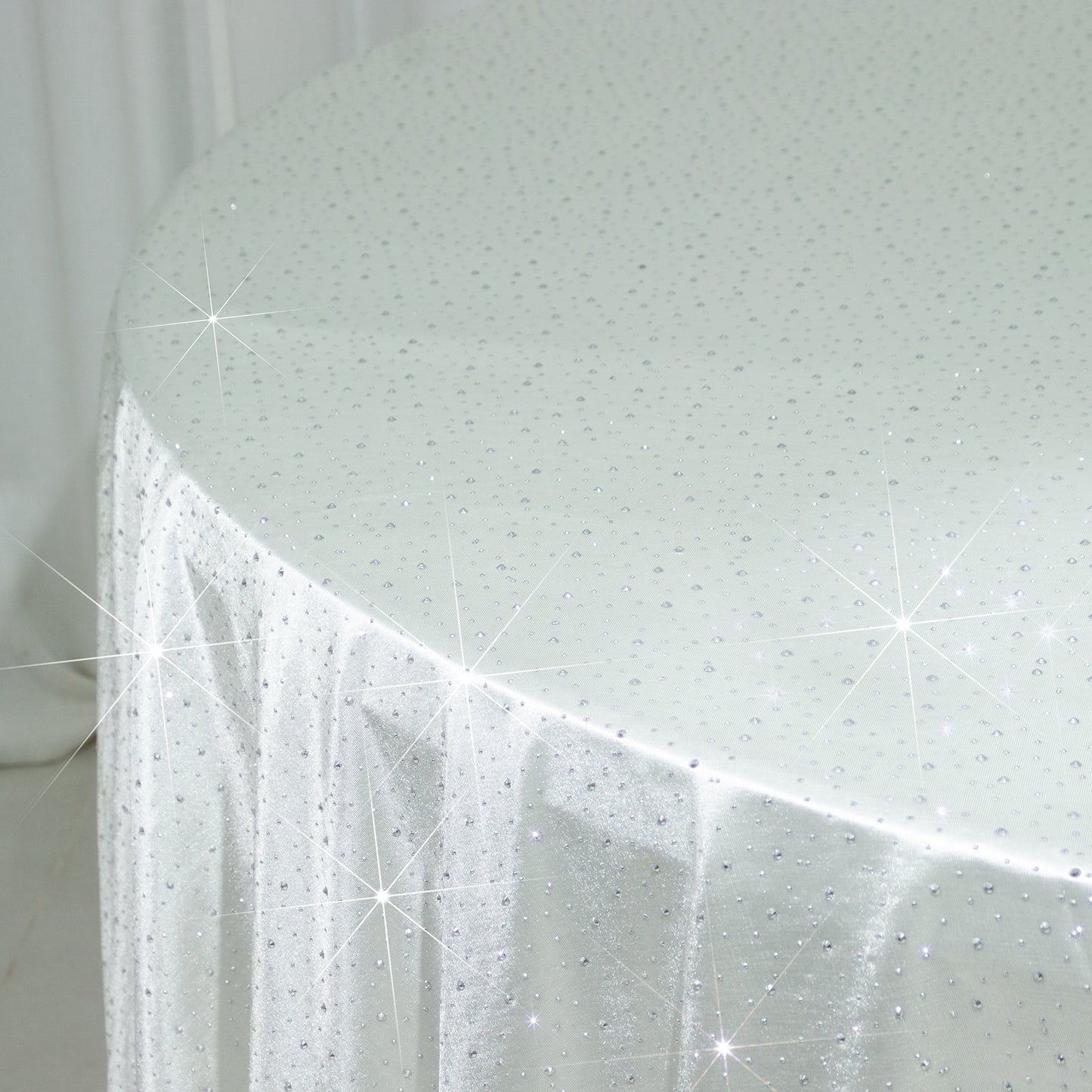 Scuba Round Tablecloth 120â€³ Pearl White with Rhinestone Accents â€“ Seamless, Wrinkle-Free, Stain-Resistant Event Linen
