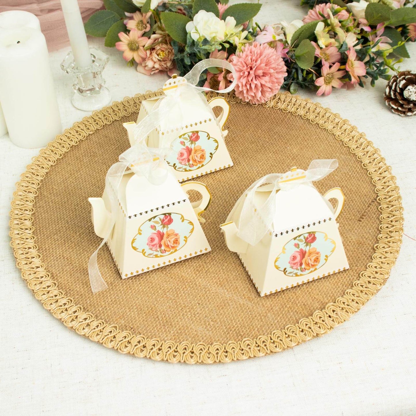 25 Pack 4" Ivory Mini Teapot Favor Boxes, Vintage Rose Gift Boxes with Ribbons