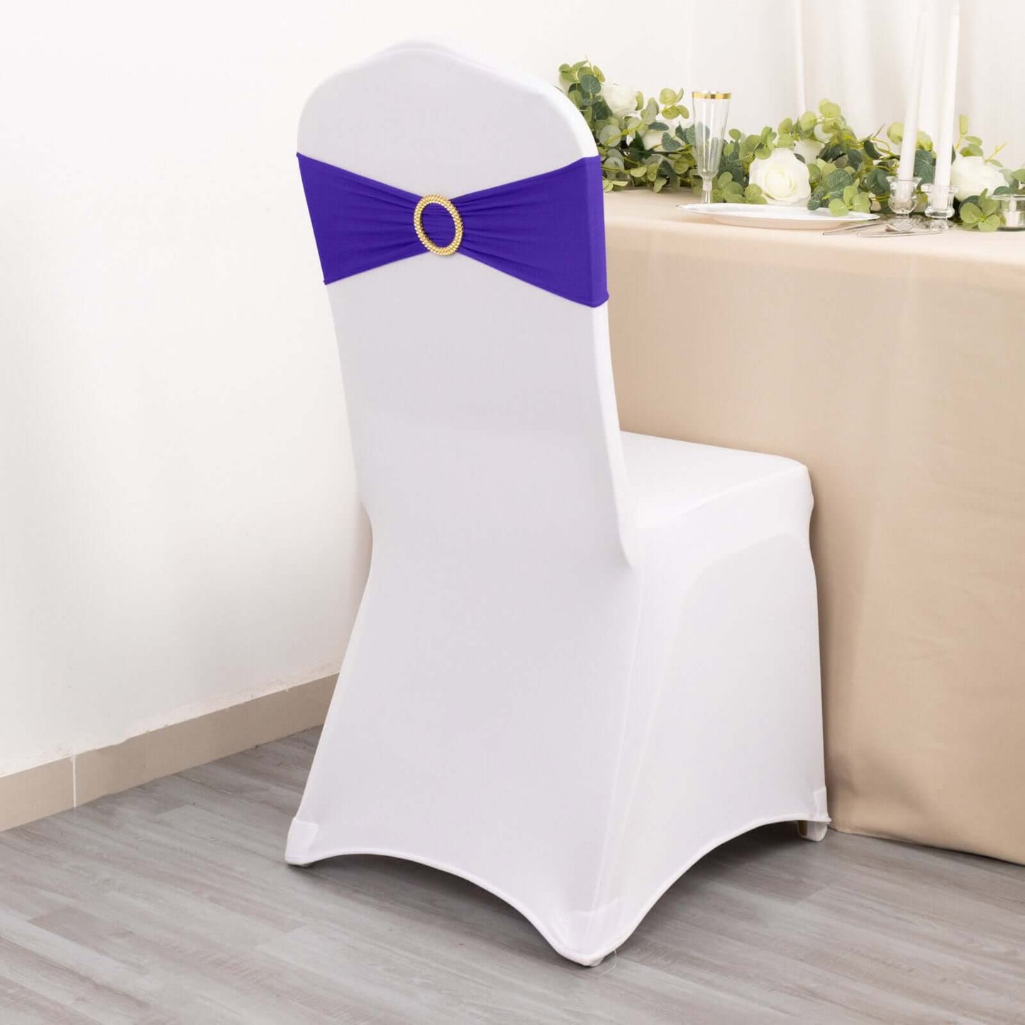 5 Pack Spandex Chair Sashes Purple with Gold Rhinestone Buckles - Reusable Four-Way Stretch Sash Bands 5"x14"