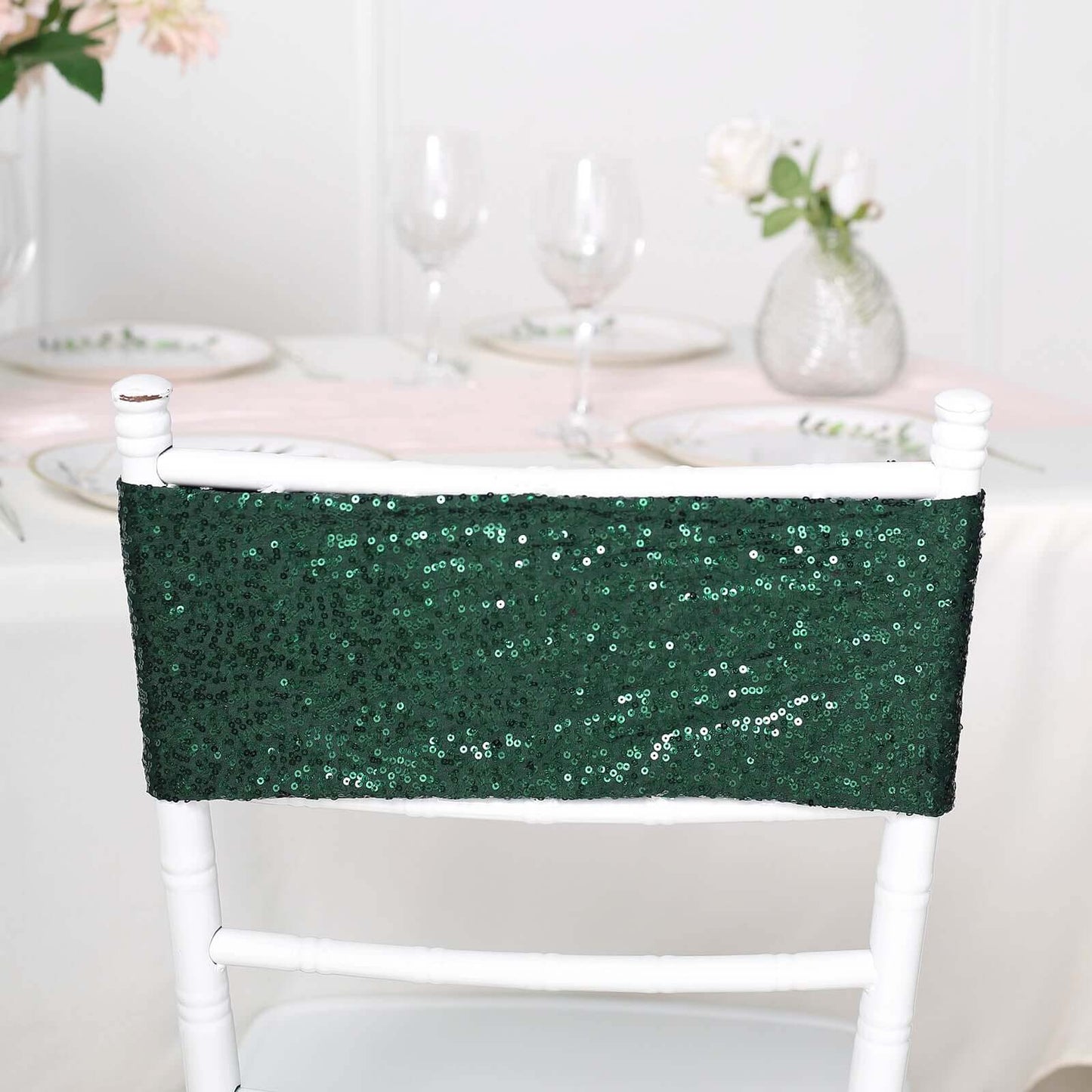 5 Pack Sequin Spandex Chair Sashes Hunter Emerald Green - Stretch Chair Bands 6"x15"