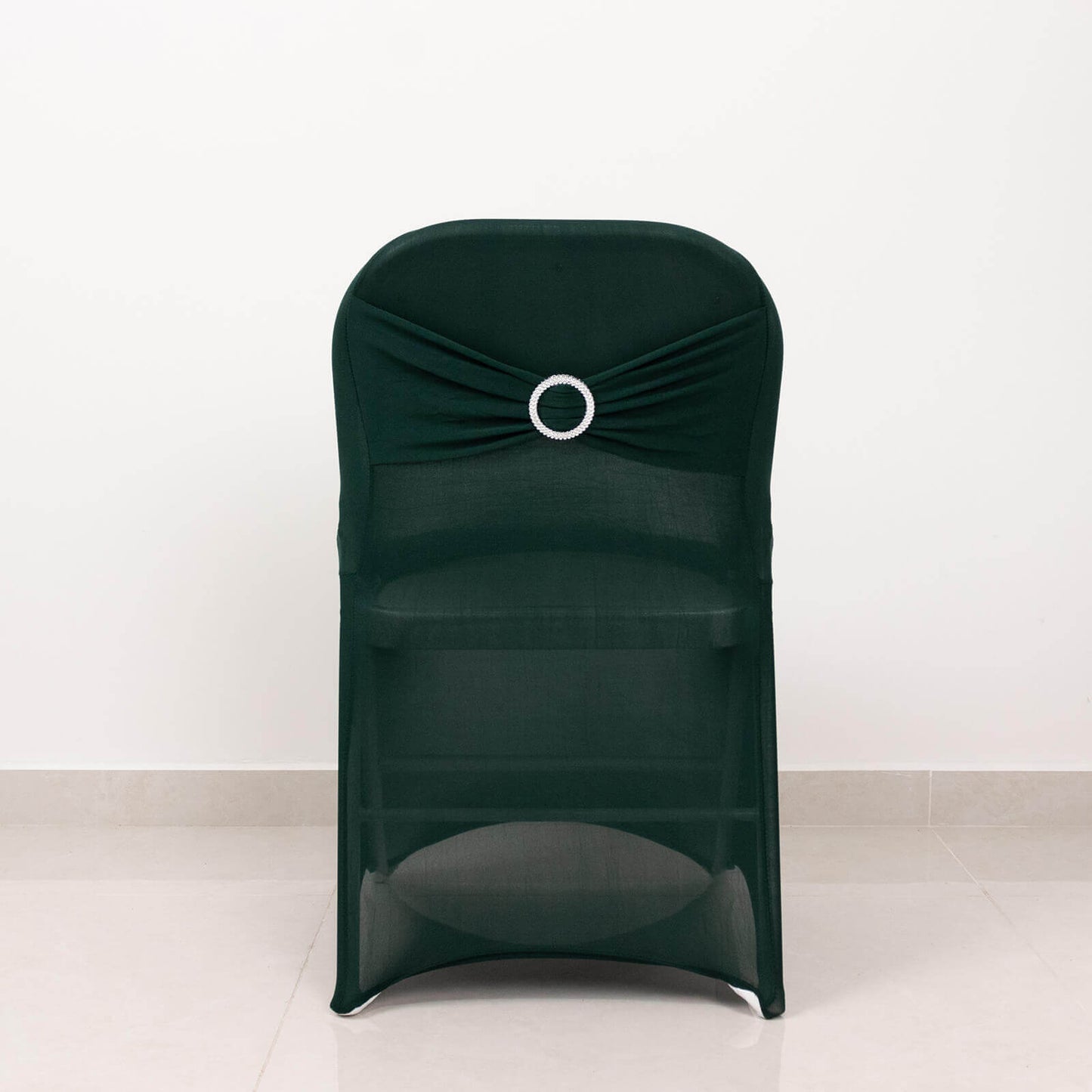 Stretch Spandex Chair Cover Hunter Emerald Green for Folding Chairs - Secure Fit Slipcover with Silver Rhinestone Buckled Sash Band