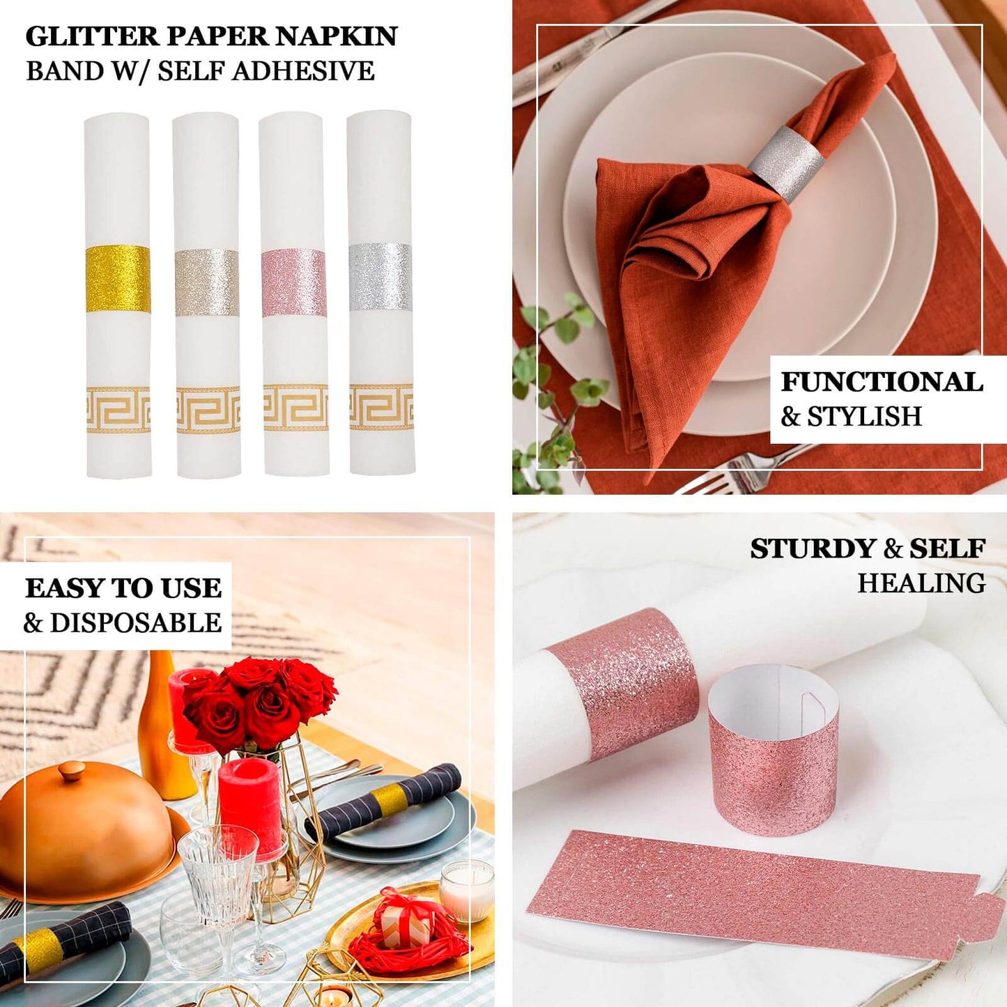 50-Pack Paper Napkin Rings Beige Glitter - Stylish Disposable Napkin Holders 1.5"