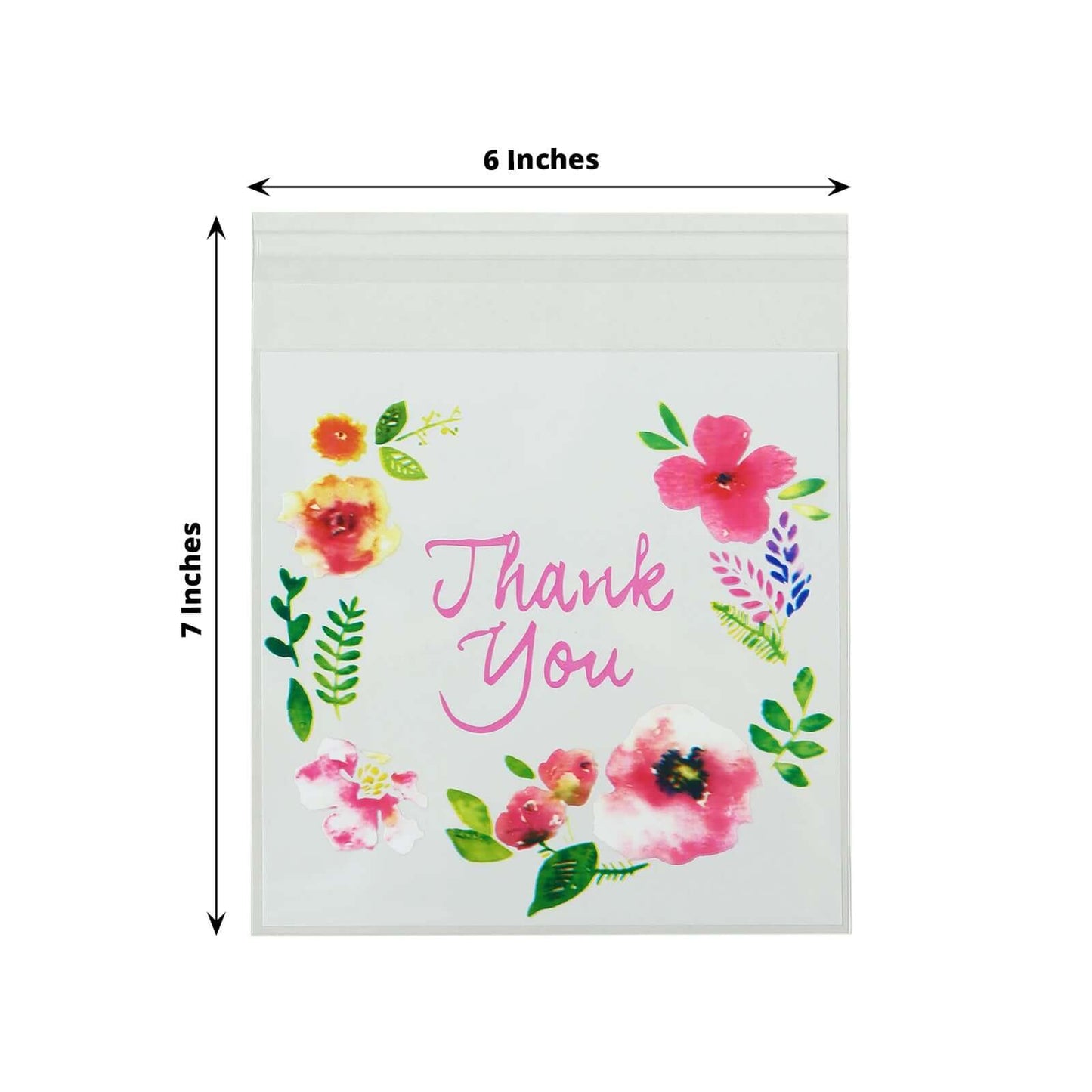 100-Pack PVC Cookie Candy Bags White/Clear - Decorative Self Adhesive Goodie Bags With "Thank You" Print & Floral Accents for Stylish Wedding Birthday Party Favors 6"x7"