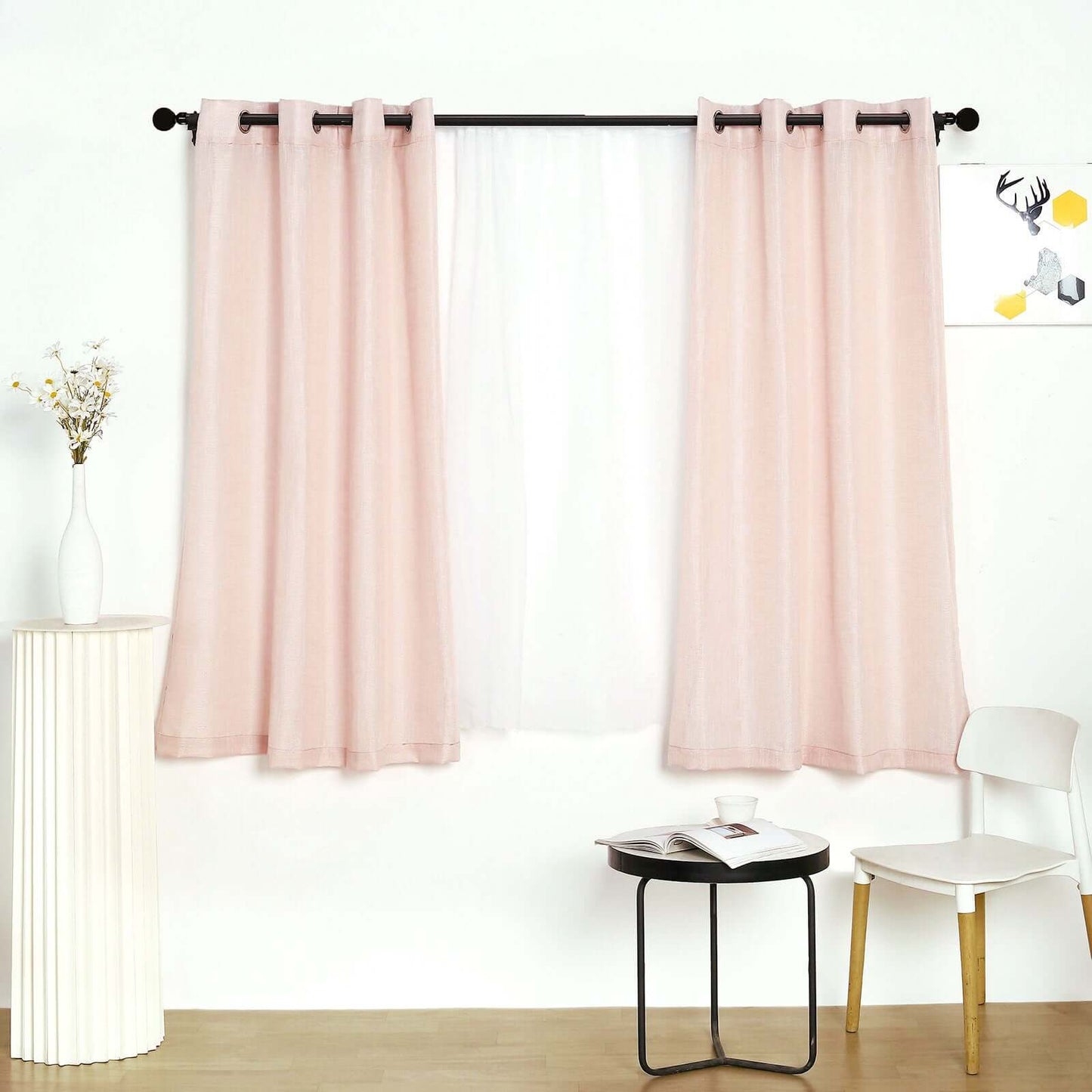 2 Pack Handmade Blush Faux Linen Curtains 52"x64", Curtain Panels With Chrome Grommets -