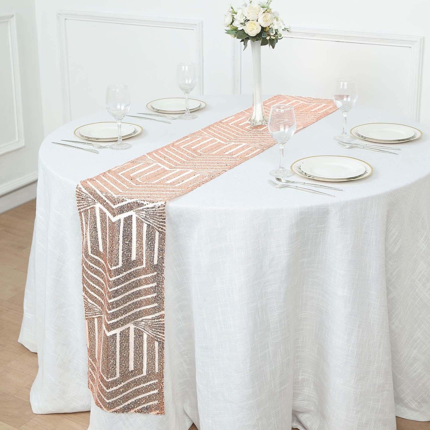 Sequin 12"x108" Table Runner Rose Gold - Diamond Glitz Design
